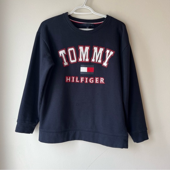 Tommy Hilfiger Logo Sweatshirt Small Navy Blue Pullover Crewneck Cotton Blend - Picture 1 of 7